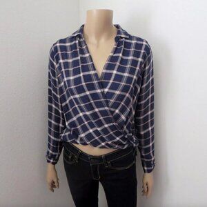 Hollister Cropped Plaid Wrap Front Shirt Size XS Navy Blue & Pink